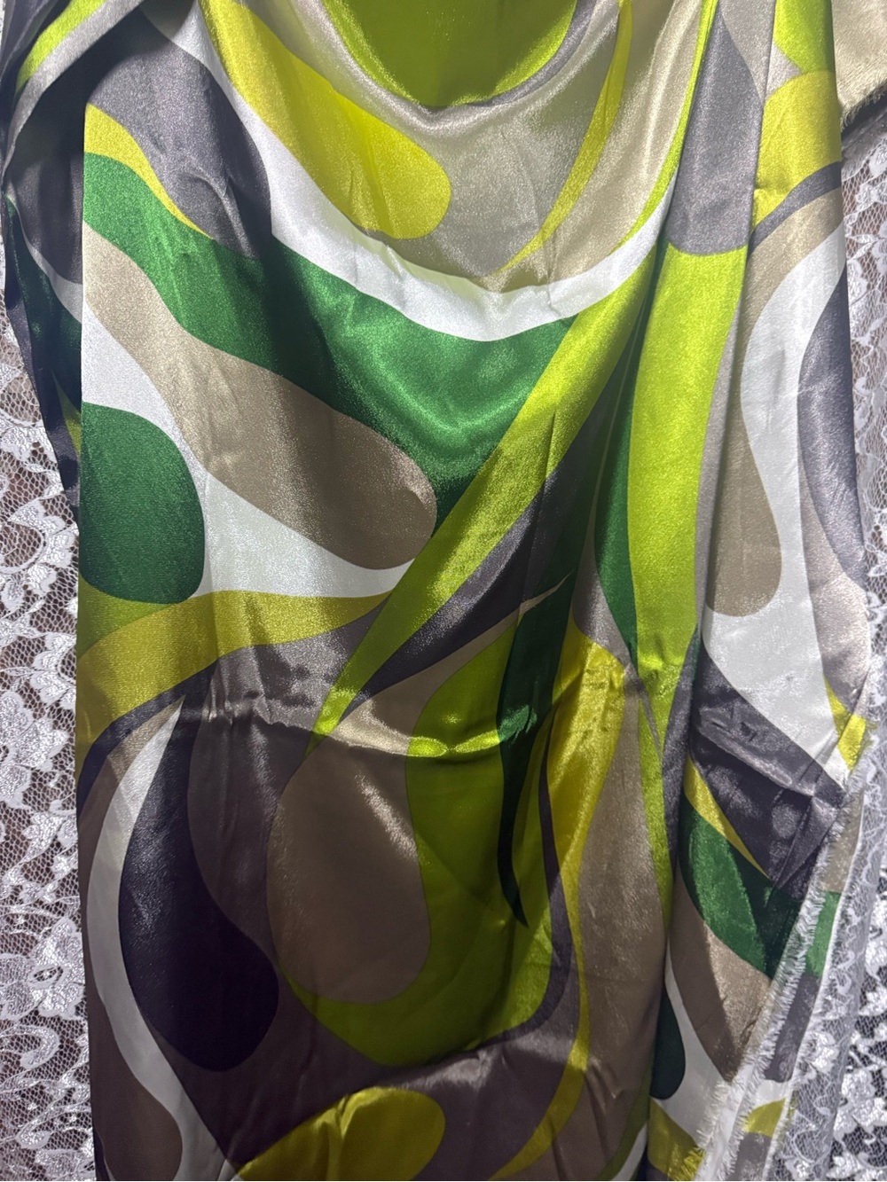 Vintage textile poly satin charmeuse new Y2K green silver swirl 2 yards X 60”